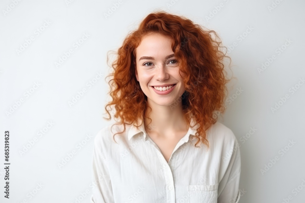 Redhaired Cheerful Young Woman On The Background Of White Wall Redhaired Cheerful Young Woman On The Background Of White Wall