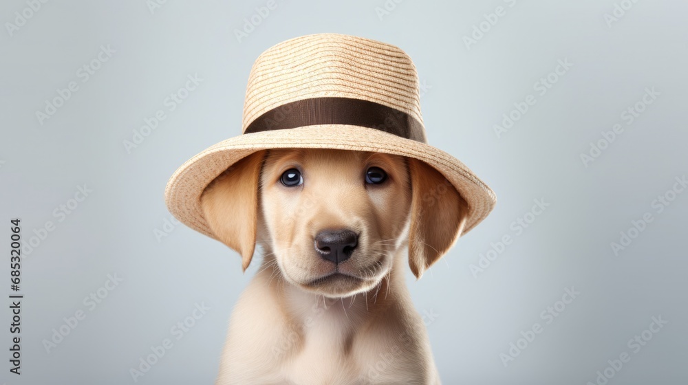 studio portrait of little labrador puppy in stylish hat, isolated on clean background