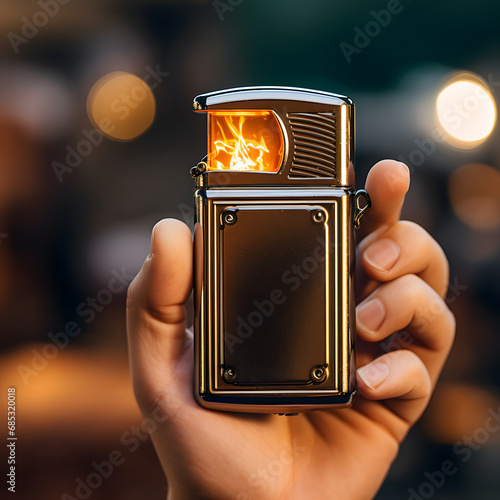 Close-up of a Man's Hand Holding and Lighting a Lighter with Flame photo