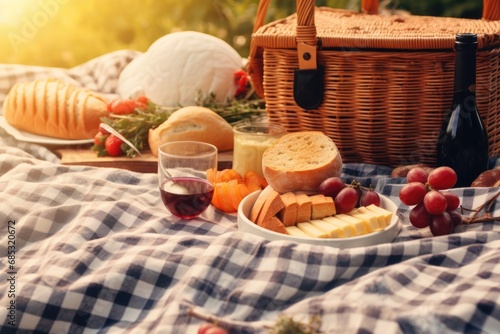 A picnic setting with bread, cheese, grapes, and wine. Generative AI.