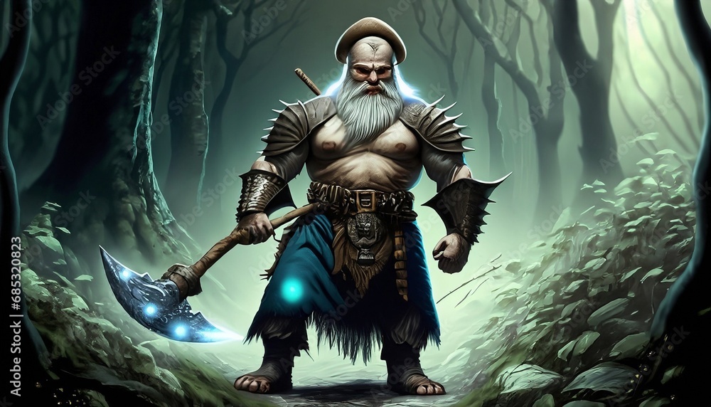 Fototapeta premium illustrated dwarf in a fairytale forest suitable as a background print for a book or magazine