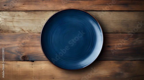 Top View of an empty Plate in navy blue Colors on a wooden Table. Elegant Template with Copy Space
