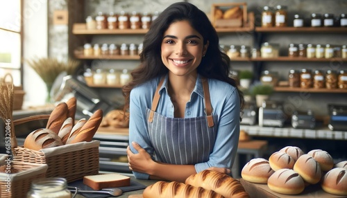 Hispanic female owning a cozy bakery, smiling warmly as she arranges freshly baked goods. This scene captures the essence of local business