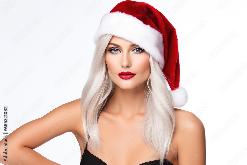 Woman With Distinct White Hair And Standout Appearance Wearing Santa Claus Hat On White Background Woman With Distinct White Hair And Standout Appearance Wearing Santa Claus Hat On White Background