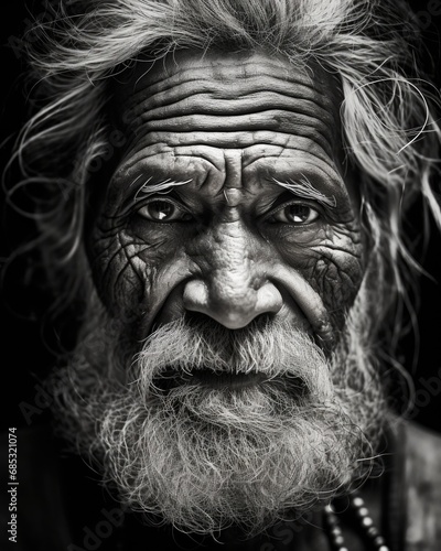 A black and white photo of an old man. Generative AI.
