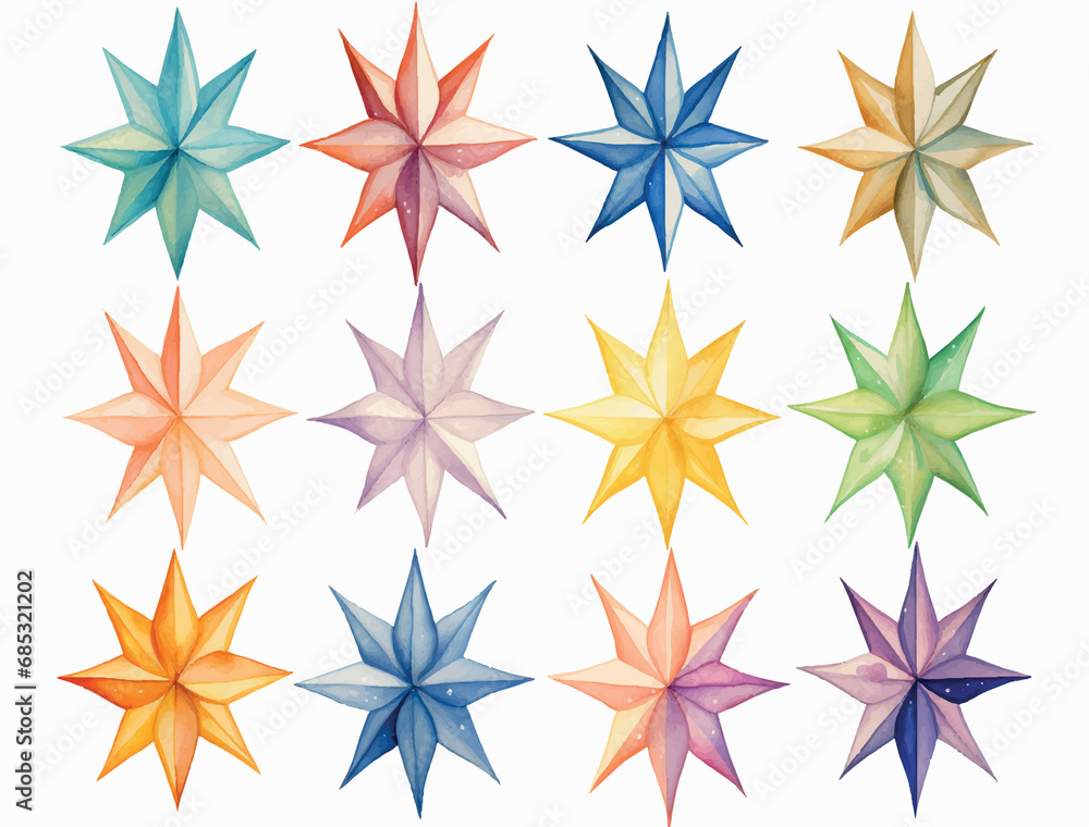 multi pointed gold and rainbow star, water color, white background illustration multi pointed gold and rainbow star, water color, white background illustration