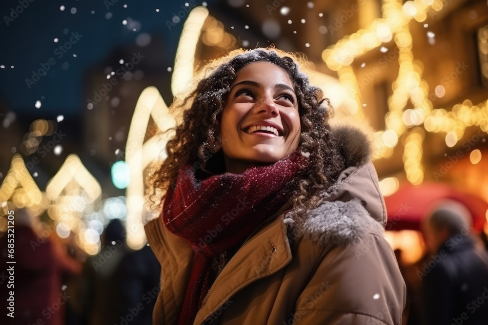 Young Woman, Snow, And Enjoyment At Christmas Market Young Woman, Snow, And Enjoyment At Christmas Market