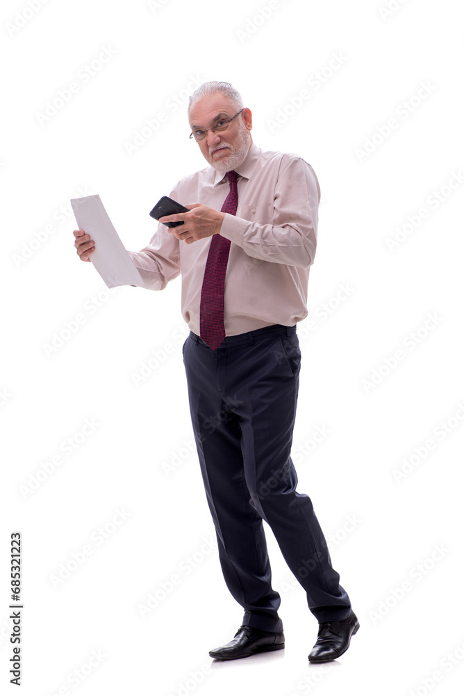 Old businessman talking by phone isolated on white Old businessman talking by phone isolated on white