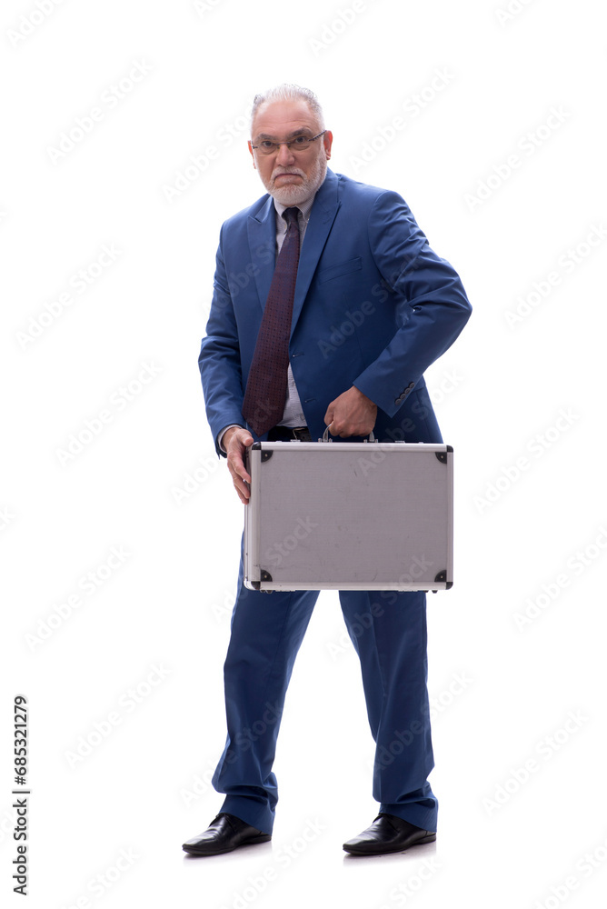 Old businessman holding case isolated on white Old businessman holding case isolated on white