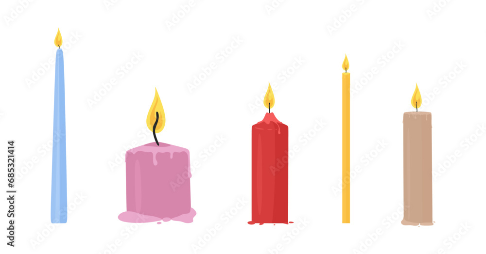 Set of lit candles. Wax candle collection in cartoon style. Various colorful aromatic candles with fire and wax drips isolated for Festive decoration, birthday cake, christmas, New Year.Vector clipart - obrazy, fototapety, plakaty 