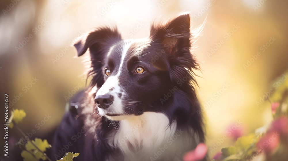 border collie puppy dog on blurred abstract bokeh flare grass background