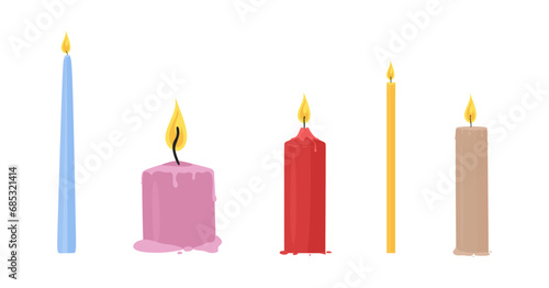 Set of lit candles. Wax candle collection in cartoon style. Various colorful aromatic candles with fire and wax drips isolated for Festive decoration, birthday cake, christmas, New Year.Vector clipart