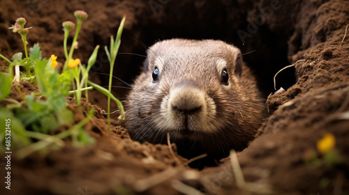 Groundhog hiding and peeks out of his hole © Tariq