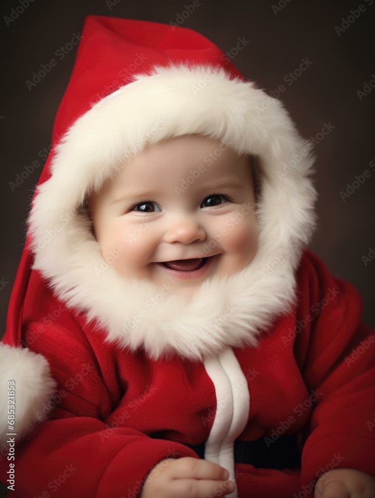 A smiling baby wearing a santa suit. Generative AI. A smiling baby wearing a santa suit. Generative AI.