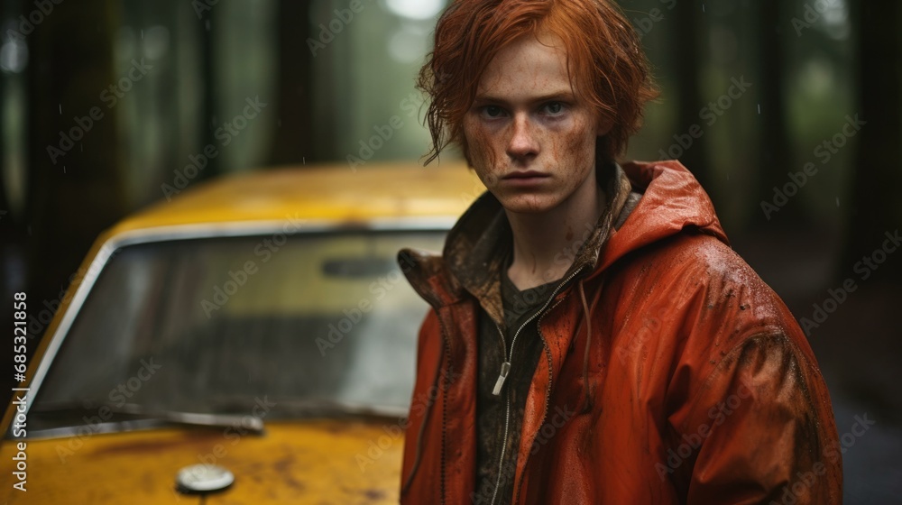 Fototapeta premium A young man with red hair standing next to a yellow car in the woods. Generative AI.