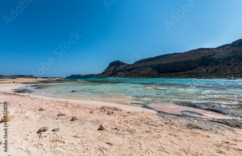 Panorama of the sea and the rock during a windy day at Blue lagoon in Balos, Crete, Greece. Beautiful lagoon at Mediterranean Sea. Shot taken near Gramvousa Island.