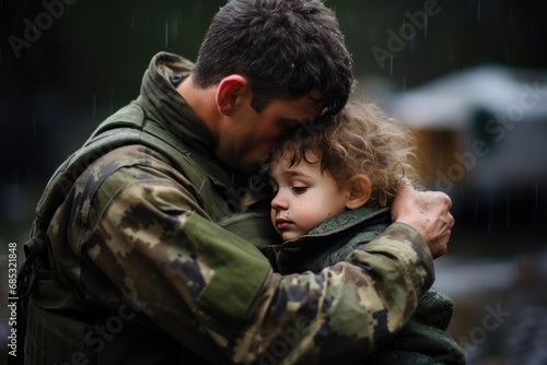 Brave soldier tenderly holds a small child in their arms