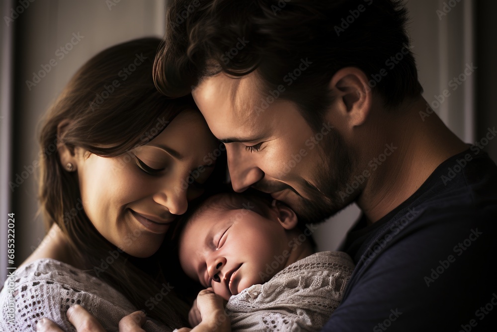Both the mother and father lovingly cradle their newborn baby Both the mother and father lovingly cradle their newborn baby