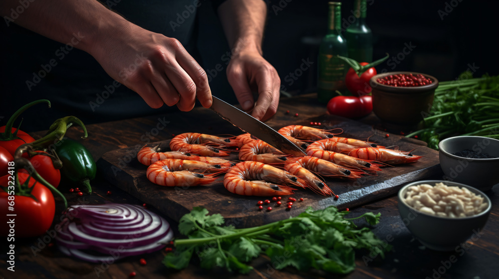 Seafood is being prepared by Professional cook