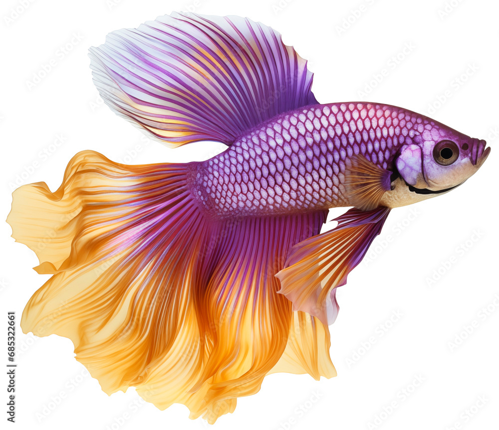 Betta fish or Betta splendens. Purple and gold Betta splendens. A beautiful aquarium fish with a large bushy tail. Isolated on a transparent background. - obrazy, fototapety, plakaty 