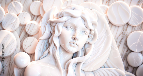 Marble statue of a woman with gracefully curly hair, creating the effect of flow and movement. Generative AI photo