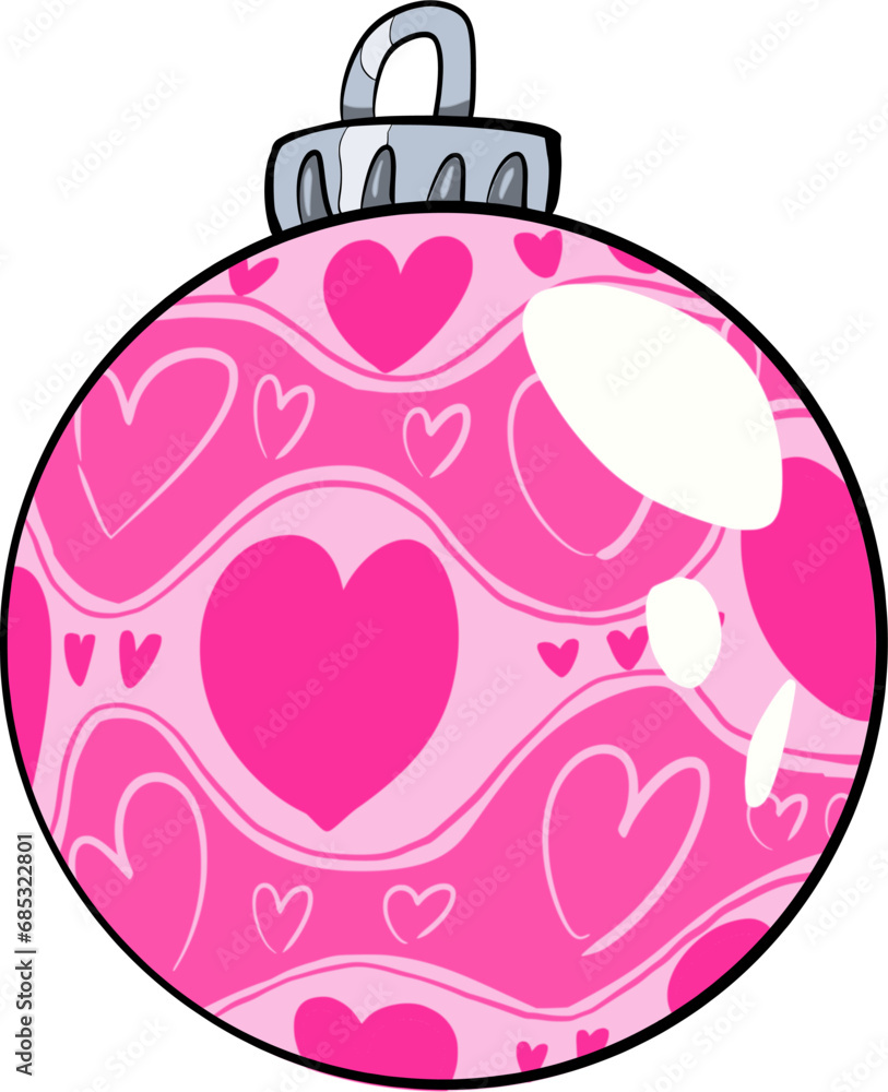 Obraz premium Hand drawn vector drawing of pink Christmas ball with hearts pattern. Colourful, cartoon style, doodle, decoration, symbol, sign, holiday, winter, happy new year, love, Valentine day