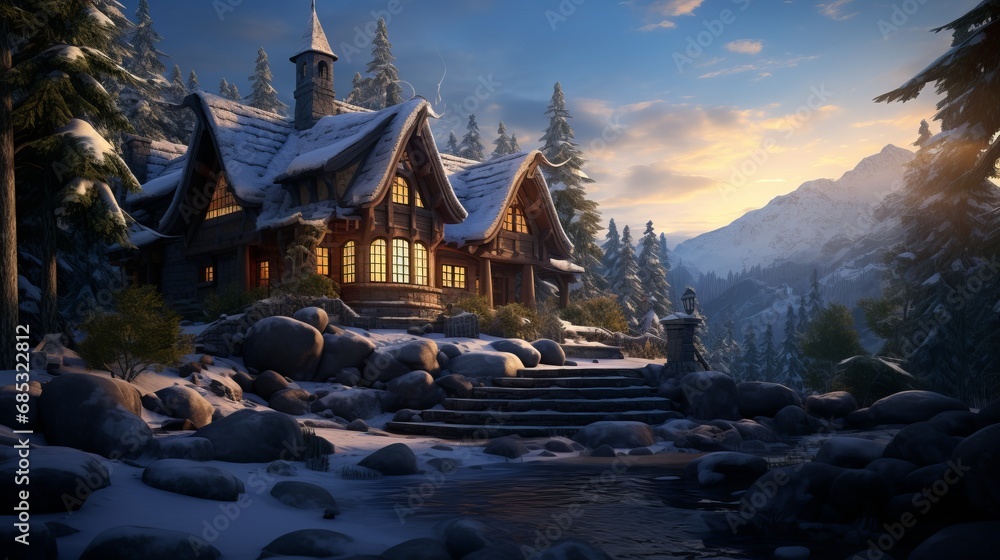 Winter Wonderland. Cozy Cottage with Twinkling Lights and Festive Decorations in Glistening Snow