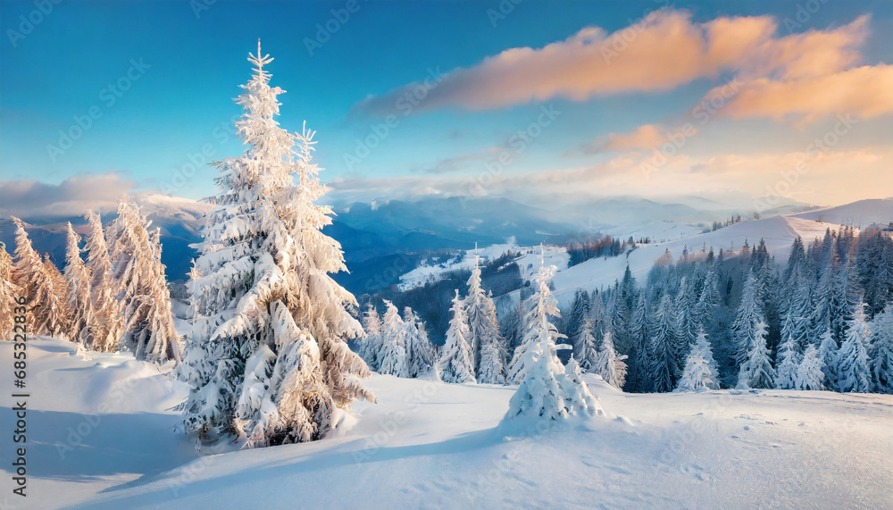 winter landscape trees in frost bright winter morning in carpathian mountains with snow covered fir trees wonderful mountain scenery happy new year celebration concept nature landscape ukraine