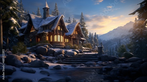 Winter Wonderland. Cozy Cottage with Twinkling Lights and Festive Decorations in Glistening Snow © Paulkot