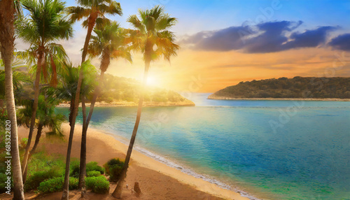 an idyllic imaginary landscape with a tropical beach palm trees a tranquil bay and evening light at sunset