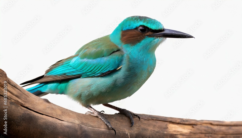 turquoise blue bird with black beaks calmly perching on wooden branch isolated on white background