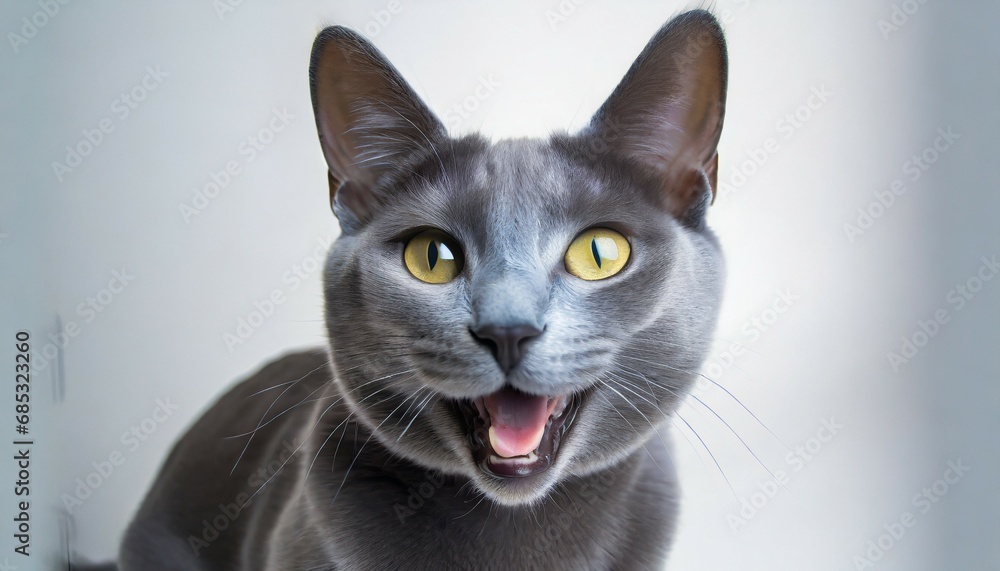 medium shot portrait photography of a happy russian blue cat skulking against a white background with generative ai technology