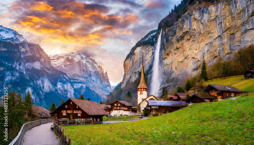 incredible nature landscape at sunset amazing alpine village with famous church and staubbach waterfall lauterbrunnen switzerland europe lauterbrunnen is a conic location for landscape