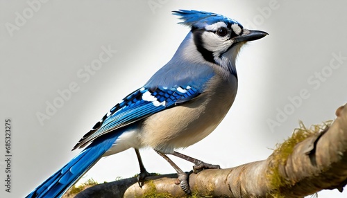profile of a bluejay as it proudly perches on branch surveying the backyard bluejay is isolated on a white background with catchlight in its eye