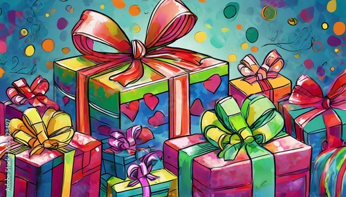 gifts with a bow in a cartoon style, multi-colored bokeh at the back. Christmas holiday and birthday.