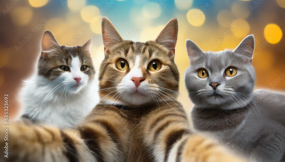 a group of cats taking a selfie on a blurred background generative ai