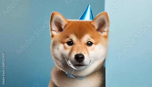 portrait funny and happy shiba inu puppy dog peeking out from behind a blue banner celebrating birthday anniversary or carnival isolated on blue pastel background