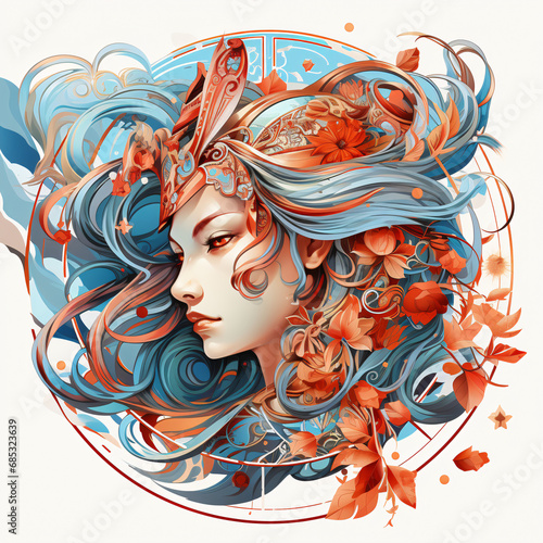 Zodiac sign Virgo. Portrait of a beautiful young woman or girl in close-up. Colorful illustration. Horoscope.