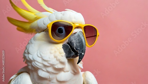 closeup of white cockatoo parrot wearing sunglasses domestic pet bird animal solid pink pastel background tropical summer vacation concept web banner funny birthday party card invitation photo