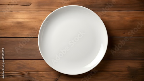 Top View of an empty Plate in white Colors on a wooden Table. Elegant Template with Copy Space