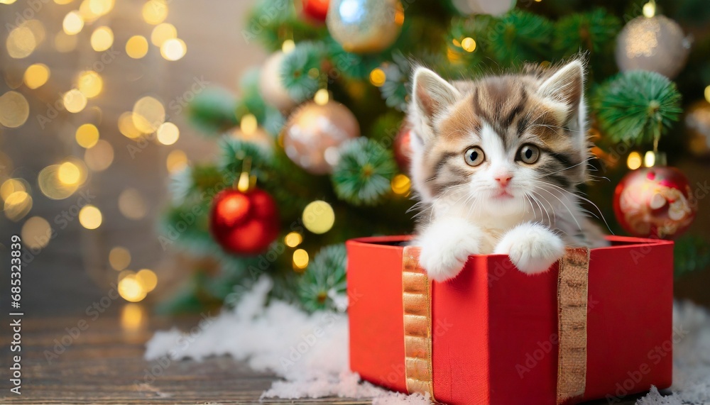 little funny kitten cat sits in a red box as a christmas present on the background of a christmas tree in the decoration concept of new year and christmas high quality photo - obrazy, fototapety, plakaty 