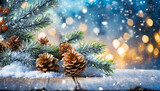 winter christmas background with fir tree branch and cones