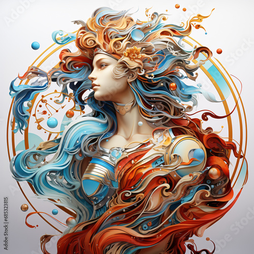 Zodiac sign Virgo. Portrait of a beautiful young woman or girl. Colorful illustration, white background. Horoscope.