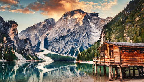 amazing natural landscape at sunset stunning morning scene on the braies lake pragser wildsee in dolomites mountains italy lago di braies iconic location for landscape photographers