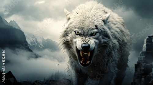 Wolf worrier danger with white snowy background photo
