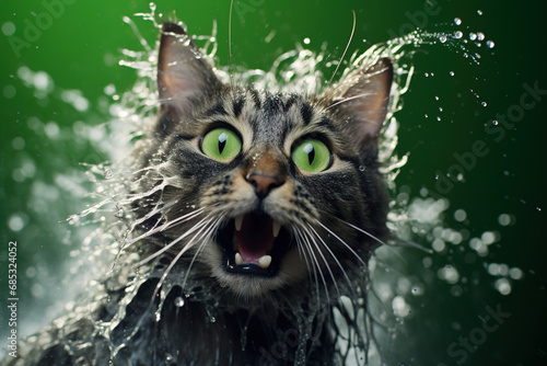 A crazy cat is taking a bath, surrounded by soap suds, splashes and bubbles.