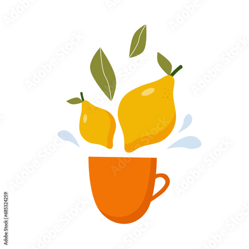Orange Tea cup with yellow lemons, green tea leaves and splashes. Hot drink with lemon. Flat vector illustration