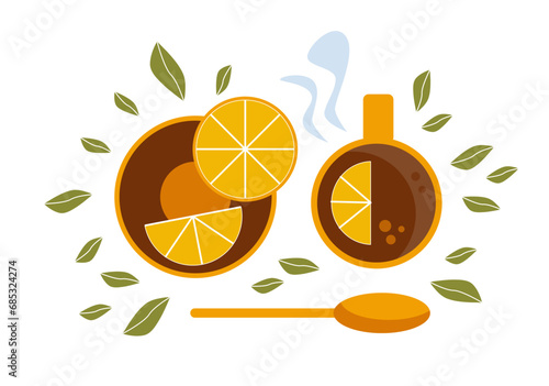 Tea cup with lemon, saucer, green tea leaves. Hot drink with lemon. Top view of table in cafe. Flat vector illustration.