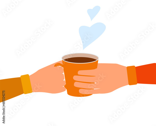 One man giving to another man hot cup of tea or coffee. Hand with tea mug, symbol of support, relationship and friendship. Flat vector illustration