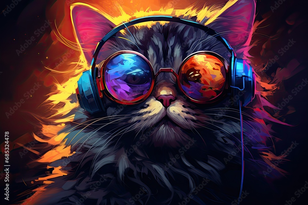 a cute cat with purple sunglasses is wearing a music icon